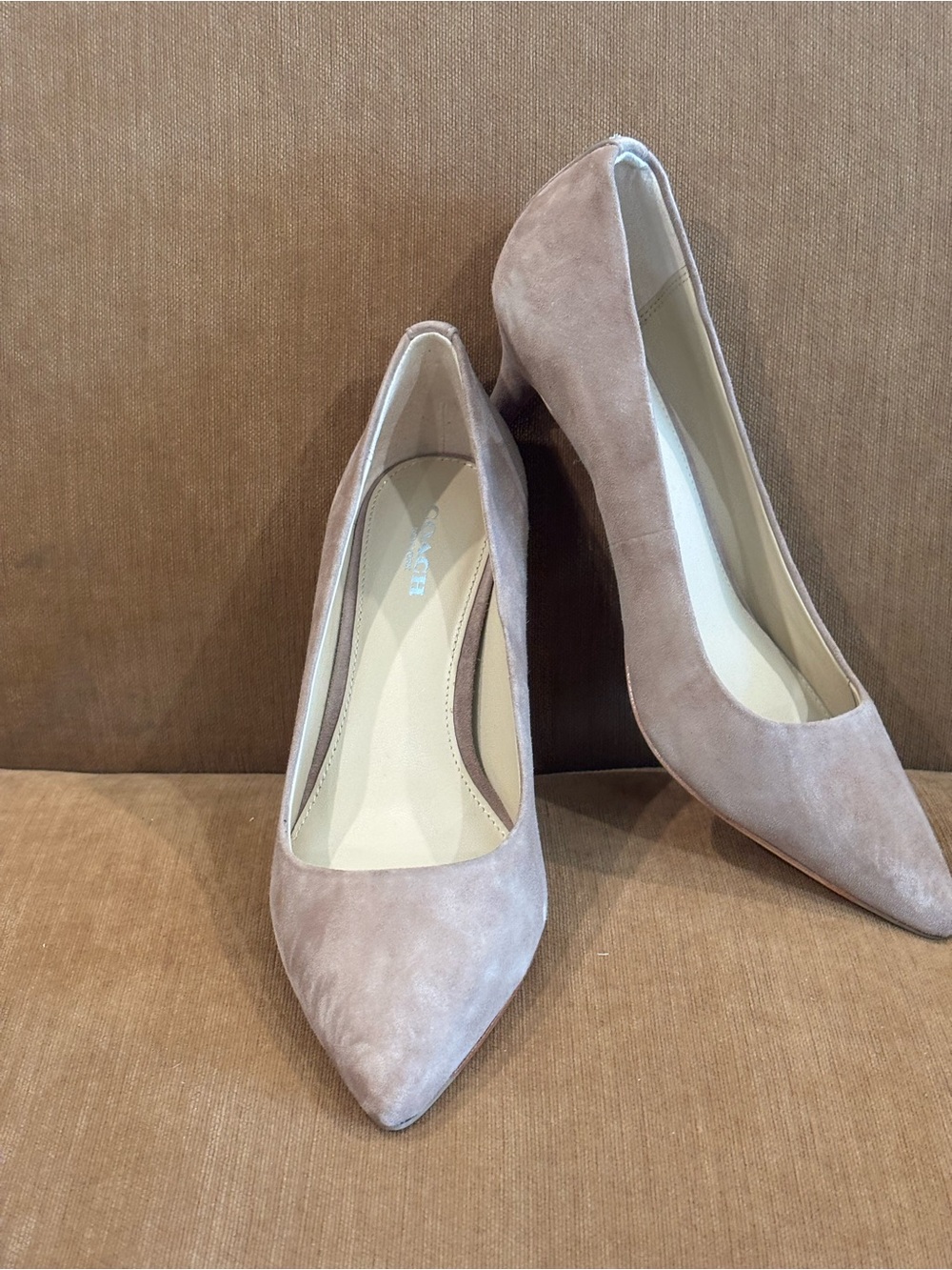 Coach Women's Suede Kitten Heel Pumps in Taupe